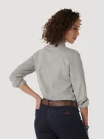 Women’s Long Sleeve Western Snap W Stitching on Pocket Denim Shirt Grey