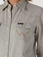 Women’s Long Sleeve Western Snap W Stitching on Pocket Denim Shirt Grey