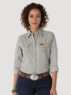 Women’s Long Sleeve Western Snap W Stitching on Pocket Denim Shirt Grey