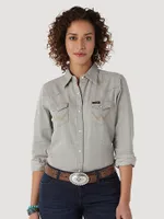 Women’s Long Sleeve Western Snap W Stitching on Pocket Denim Shirt Grey