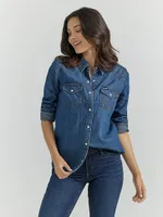 Women's Long Sleeve Western Snap Denim Shirt Dark