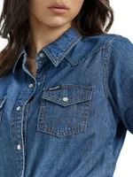 Women's Long Sleeve Western Snap Denim Shirt Dark