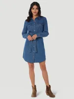 Women's Long Sleeve Western Snap Denim Dress Mid