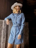 Women's Long Sleeve Western Snap Denim Dress Mid