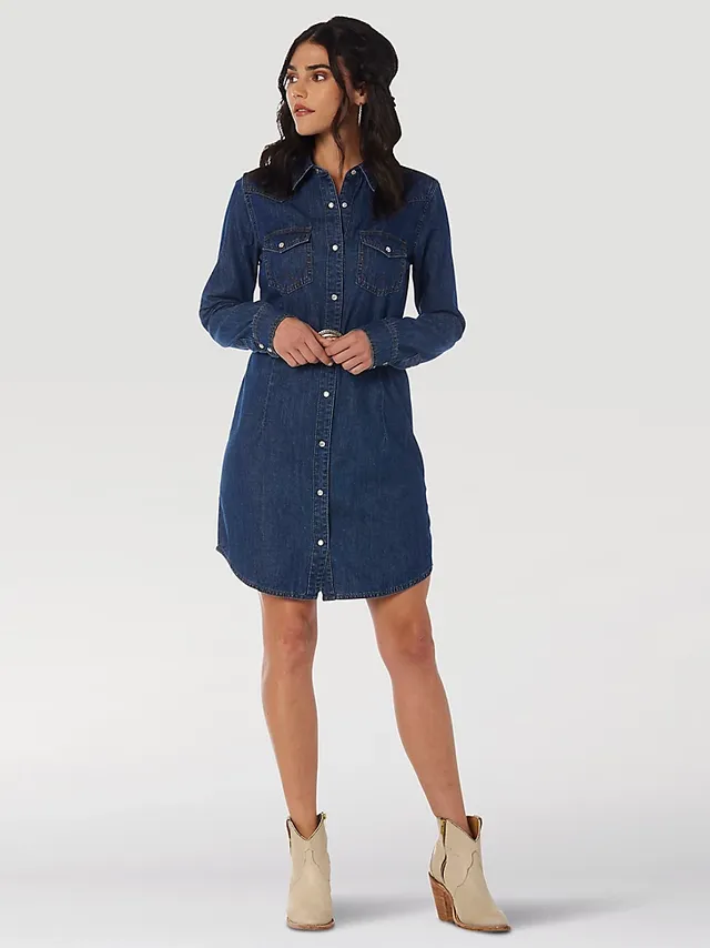 Lucky Brand Denim Western Dress Raw Hem Pearl Snap Cowgirl Dress Small