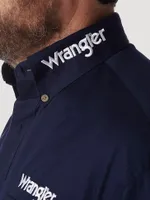 Men's Wrangler® Logo Long Sleeve Button Down Solid Shirt Navy