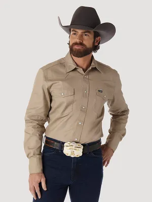 Cowboy Cut® Firm Finish Long Sleeve Western Snap Solid Work Shirt Khaki