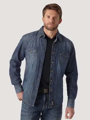 Men’s Wrangler Retro® Long Sleeve Blue Denim Western Shirt