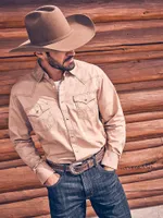 Men's Wrangler® Contrast Trim Western Two Snap Flap Pocket Shirt Tan