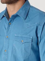 Men's Wrangler® Contrast Trim Western Two Snap Flap Pocket Shirt Blue