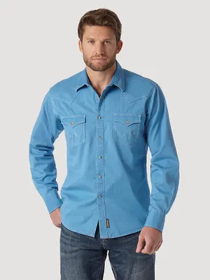 Men's Wrangler® Contrast Trim Western Two Snap Flap Pocket Shirt Blue