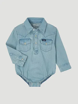 Baby Boy Long Sleeve Denim Bodysuit with Western Snap Placket Faded Blue