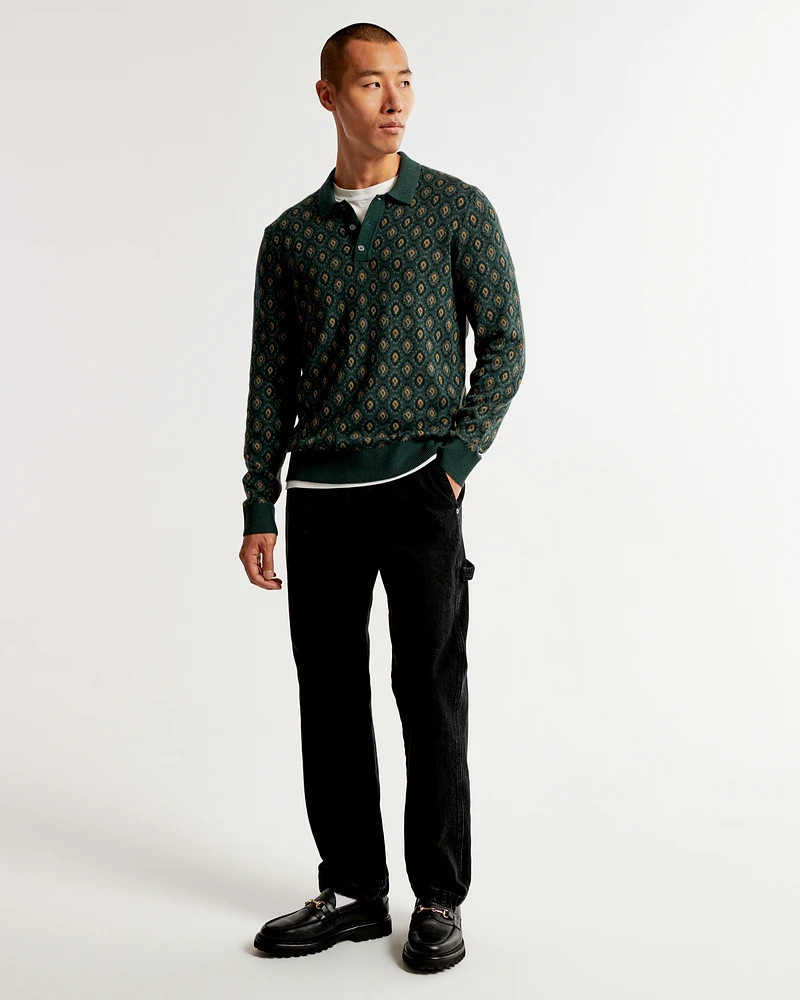 Pattern Long-Sleeve 3-Button Sweater Polo