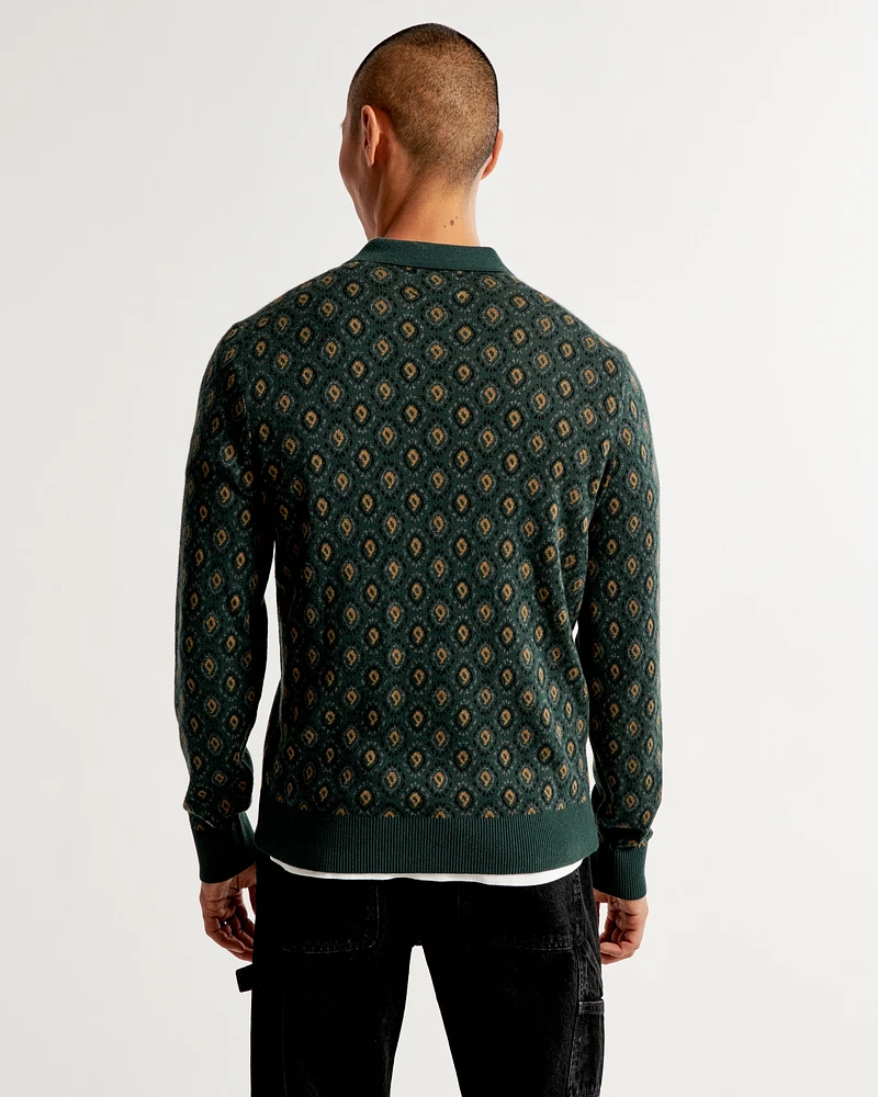 Pattern Long-Sleeve 3-Button Sweater Polo