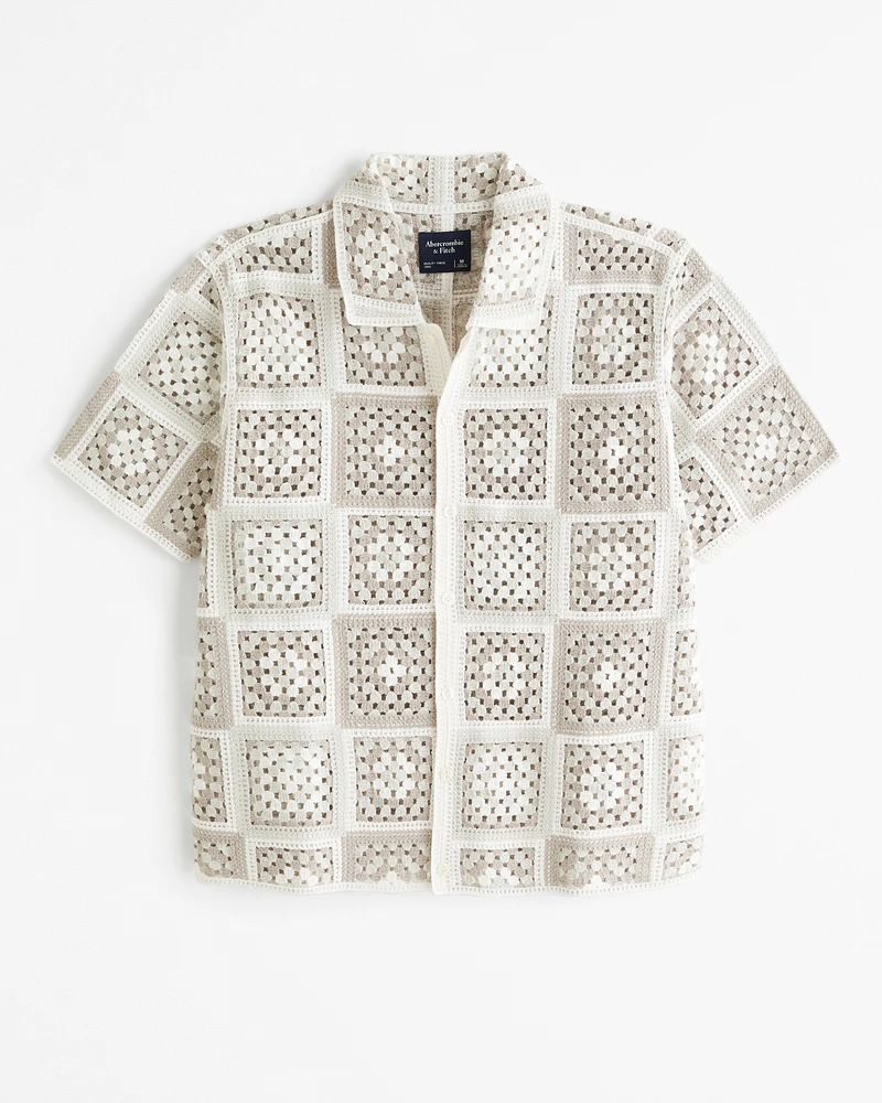 Crochet-Style Pattern Button-Through Sweater Polo