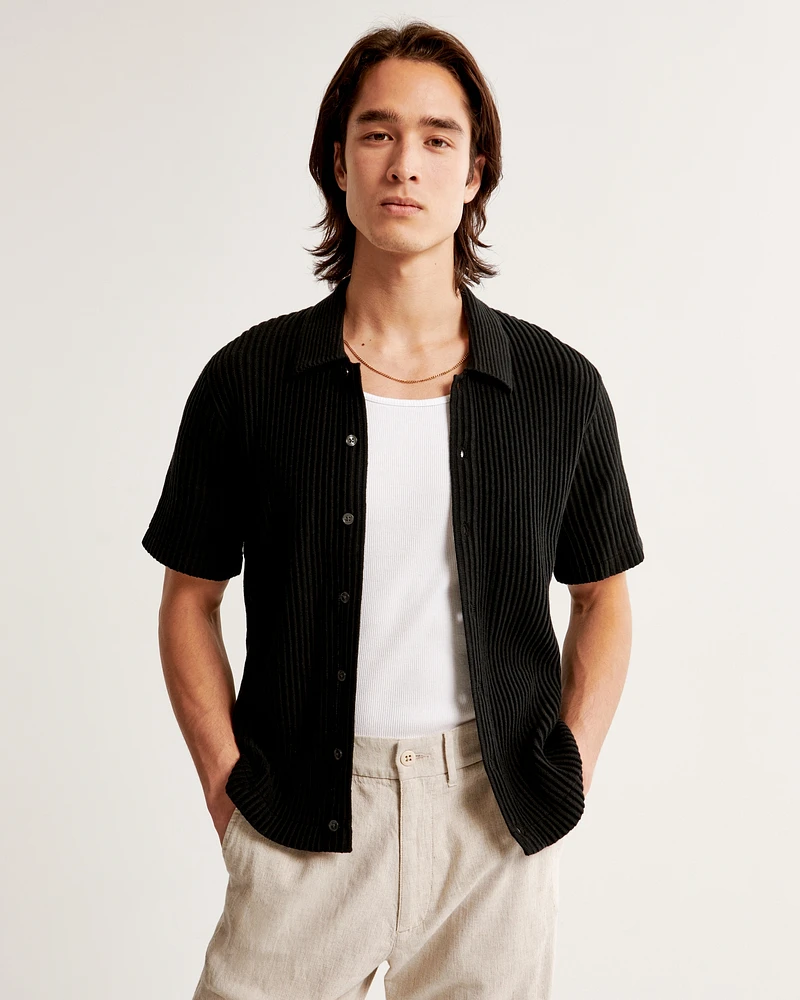 Plisse Button-Through Sweater Polo