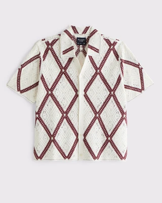 Crochet-Style Diamond Pattern Button-Through Sweater Polo