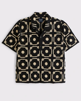 Crochet-Style Floral Pattern 2-Button Sweater Polo