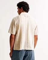 Crochet-Style Geometric Pattern Button-Through Sweater Polo