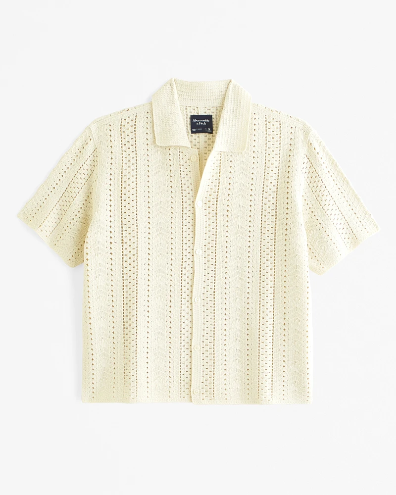 Crochet-Style Geometric Pattern Button-Through Sweater Polo