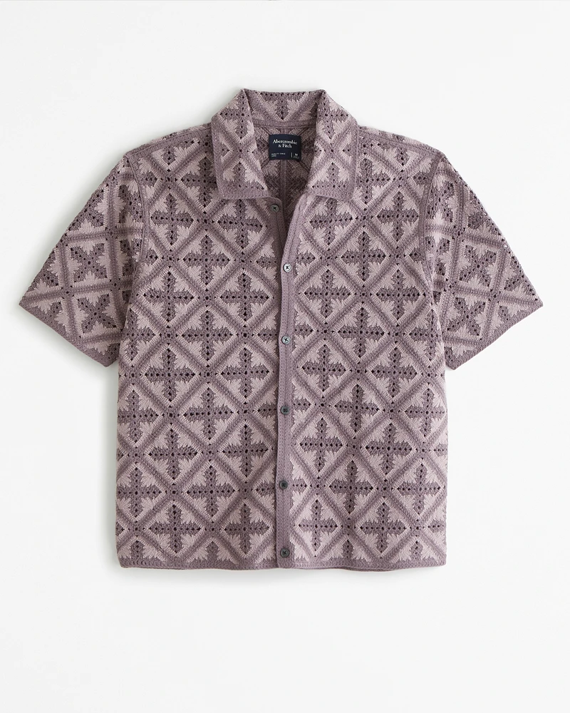 Crochet-Style Geometric Pattern Button-Through Sweater Polo