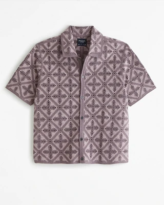 Crochet-Style Geometric Pattern Button-Through Sweater Polo
