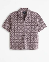 Crochet-Style Geometric Pattern Button-Through Sweater Polo