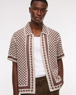 Crochet-Style Border Stripe Button-Through Sweater Polo
