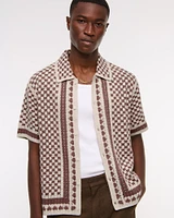 Crochet-Style Border Stripe Button-Through Sweater Polo