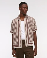 Crochet-Style Border Stripe Button-Through Sweater Polo