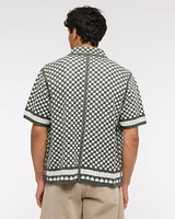 Crochet-Style Geometric Button-Through Sweater Polo