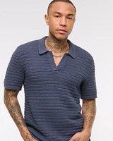 Textural Striped Johnny Collar Sweater Polo