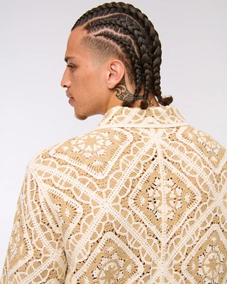 Crochet-Style Floral Button-Through Sweater Polo