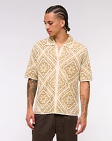 Crochet-Style Floral Button-Through Sweater Polo