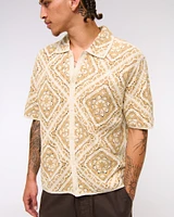 Crochet-Style Floral Button-Through Sweater Polo