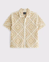 Crochet-Style Floral Button-Through Sweater Polo