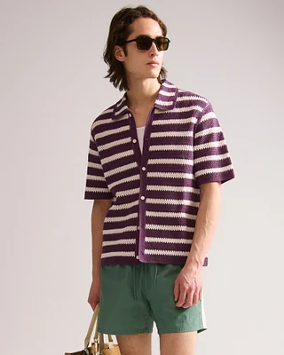 Crochet-Style Striped Button-Through Sweater Polo