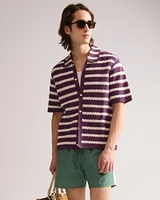 Crochet-Style Striped Button-Through Sweater Polo
