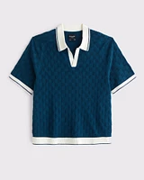 Cropped Checkered Stitch Johnny Collar Sweater Polo