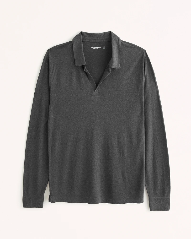 Long-Sleeve Linen-Blend Johnny Collar Polo