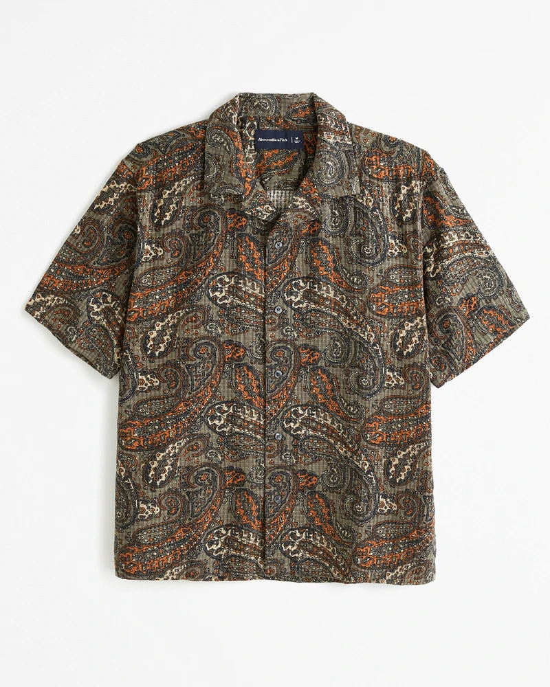 Camp Collar Textured Button-Up Shirt