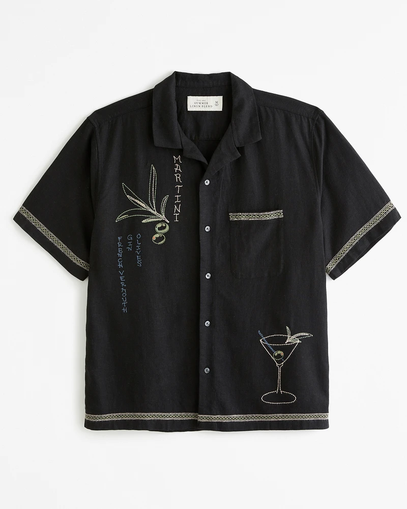 Camp Collar Summer Linen-Blend Embroidered Graphic Shirt