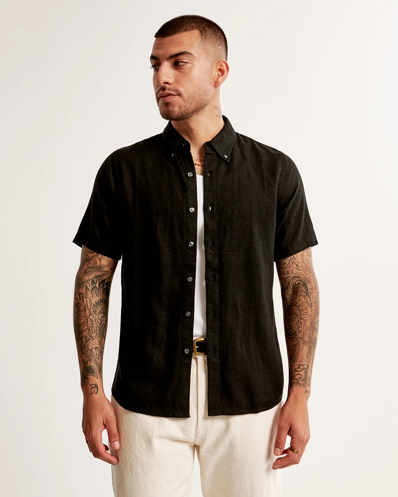 Short-Sleeve Summer Linen-Blend Button-Up Shirt