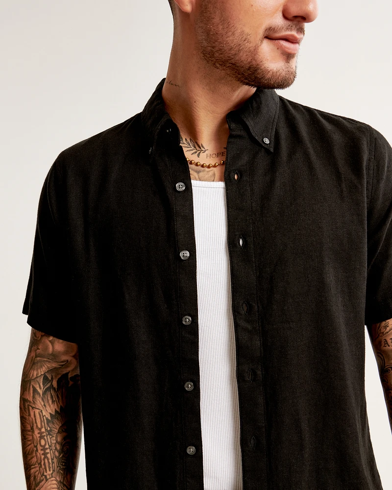 Short-Sleeve Summer Linen-Blend Button-Up Shirt