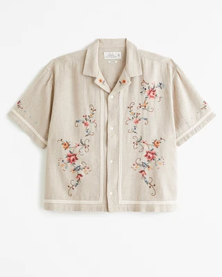 Camp Collar Cropped Summer Linen-Blend Embroidered Shirt