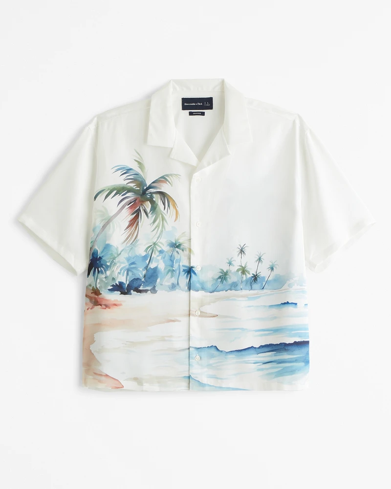 Kygo Camp Collar Cropped Silky Button-Up Shirt