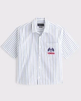 Short-Sleeve Cropped Racing Workwear Button-Up Shirt