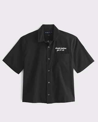 Short-Sleeve Cropped Racing Workwear Button-Up Shirt