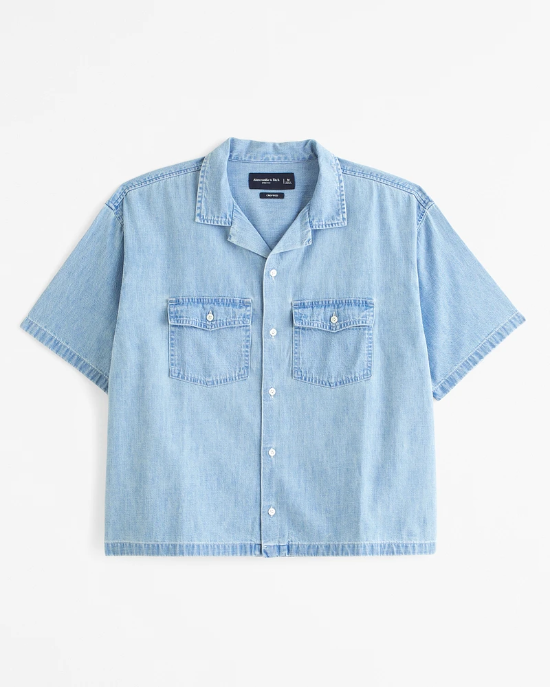 Short-Sleeve Cropped Denim Button-Up Shirt