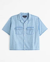 Short-Sleeve Cropped Denim Button-Up Shirt